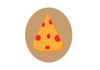 a piece of pizza with sausage on a beige background