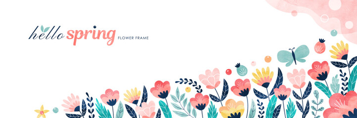 Fototapeta na wymiar 春の花のバナー背景 カラフルな水彩の植物イラスト枠