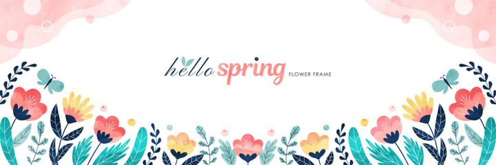 春の花のバナー背景 カラフルな水彩の植物イラスト枠 - obrazy, fototapety, plakaty