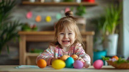 Fototapeta na wymiar A small smiling happy child is playing with colorful Easter eggs in a cozy home environment