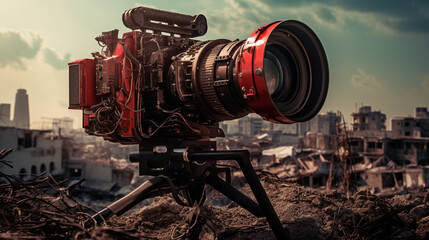 Professional video camera on a construction site. Filtered image processed vintage effect.