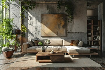 Modern living room design with sofa, copy space