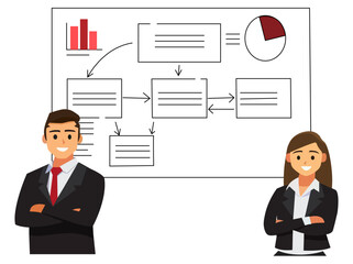 Business, finance and marketing. Vector illustration of working businessmen, people in a meeting at the table, teamwork, making a deal and men at the computer.
