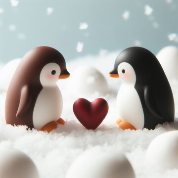 two penguins on the snow with heart