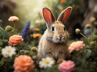 Fototapeta na wymiar Bunny Sitting Among Flowers in a Natural Scene