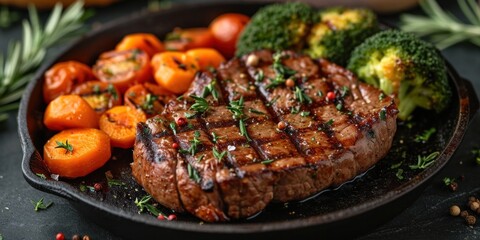 Gourmet grilled beef steak cooked to perfection with vegetables. Juicy fillet with spicy seasoning...