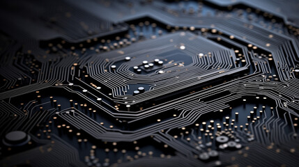 a chip inside a black circuit board, in the style of futuristic geometric abstraction