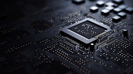 a chip inside a black circuit board, in the style of futuristic geometric abstraction