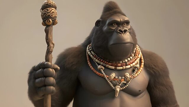 Cartoon digital avatar of a wise gorilla bouncer, adorned with a tribal necklace and holding a staff, mediating any conflicts with calm authority.