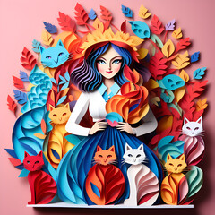 paper art girl with cats