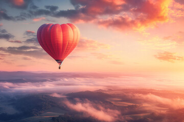 Obraz premium enchanting Valentine's Day banner capturing the essence of love with a magical heart-shaped hot air balloon floating above a picturesque landscape, leaving space for your personal Valentine's message
