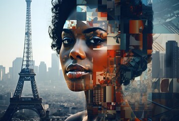 Naklejka na ściany i meble portrait of a beautiful woman against the background of a photo of Paris, photo with double exposure, symbol of femininity, symbol of France