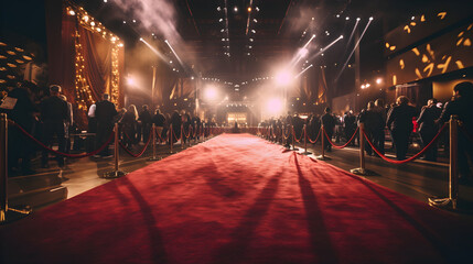 an empty red carpet in an indoor room night with people on either side. yellow spotlights and rope. - obrazy, fototapety, plakaty