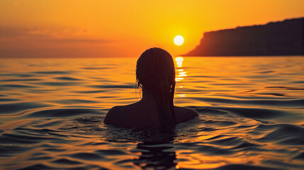 Fototapeta premium woman in a lake during sunset, panoramic landscape tranquil atmosphere female silhouette outdoors