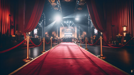 an empty red carpet in an indoor room night. red curtain spotlights and rope.
