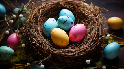 Fototapeta na wymiar Easter eggs in a wicker wooden basket