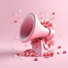 Pink megaphone adorned with roses and hearts, representing love and affection in an artistic concept - obrazy, fototapety, plakaty
