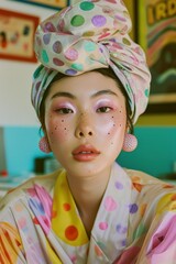 A model in a silk turban and dotted makeup poses with colorful blouses against a polka-dotted background