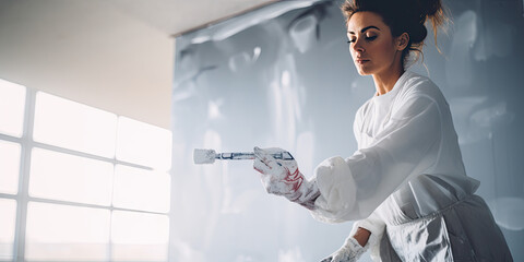 woman painting a wall indoors white and grey