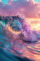 A surreal ocean wave in motion with bright pink and glittery detail capturing a magical moment