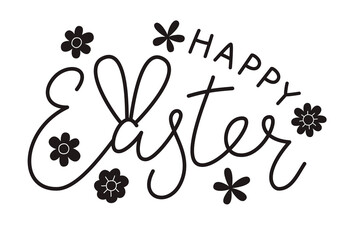 Cute Happy Easter lettering quote with bunny ears and flowers decoration, hand written with ink brush. Png clipart isolated on transparent background