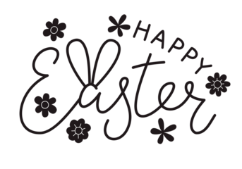 Cute Happy Easter lettering quote with bunny ears and flowers decoration, hand written with ink brush. Png clipart isolated on transparent background
