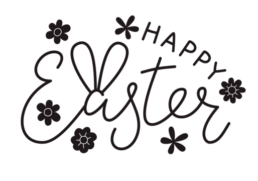 Cute Happy Easter lettering quote with bunny ears and flowers decoration, hand written with ink brush. Png clipart isolated on transparent background - Powered by Adobe