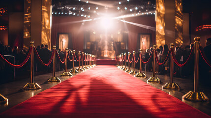 an empty red carpet in a luxurious indoor room night with people on either side. spotlights and rope.