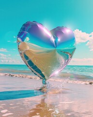 Fototapeta na wymiar Shiny iridescent heart-shaped balloon floating near the ocean's edge on a sandy beach