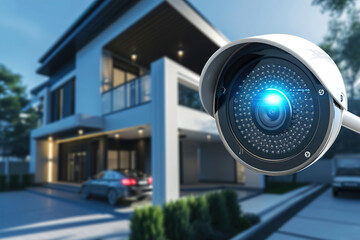 Smart home security systems in action. Security camera on house exterior. - obrazy, fototapety, plakaty