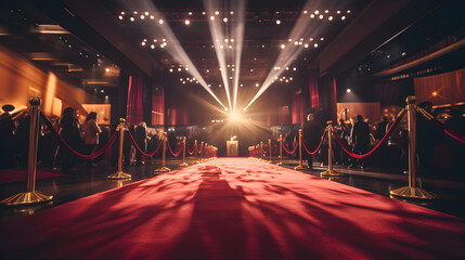 an empty red carpet in an indoor room night with people on either side. yellow spotlights and rope. - obrazy, fototapety, plakaty