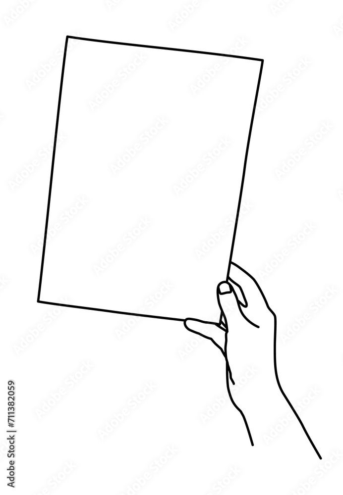 Wall mural hand holding a4 paper sheet hand drawn with thin line. presenting document, showing memo, template f