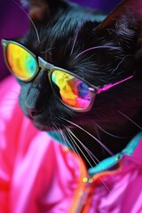 Naklejka premium Close-up portrait of a black cat wearing reflective colorful sunglasses against a pink backdrop