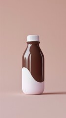 Stylized photo of a chocolate syrup bottle with artistic white drip on a monochrome pink background