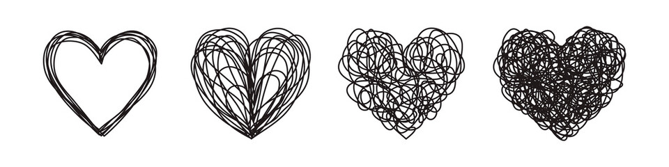 Heart shaped tangled grungy scribble hand drawn with thin line, divider shape. PNG isolated on transparent background - obrazy, fototapety, plakaty