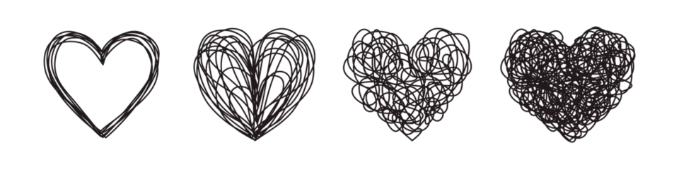 Fotobehang Heart shaped tangled grungy scribble hand drawn with thin line, divider shape. PNG isolated on transparent background © str33tcat