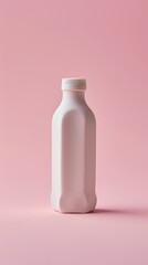 A simple, elegant white bottle stands against a pink backdrop, casting a soft shadow