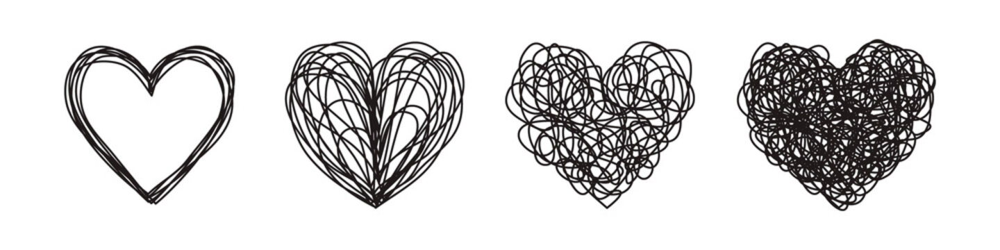 Heart Shaped Tangled Grungy Scribble Hand Drawn With Thin Line, Divider Shape. PNG Isolated On Transparent Background