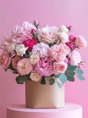 Lavish bouquet of various shades of pink roses presented in a round cream box on a pink table