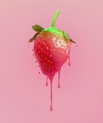 A glossy red strawberry with a surreal vibrant green drip set against a soft pink background
