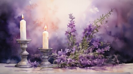 Artistic watercolor painting of an Ash Wednesday scene, featuring a candle, ash cross, and purple flowers, tranquil and spiritual atmosphere.