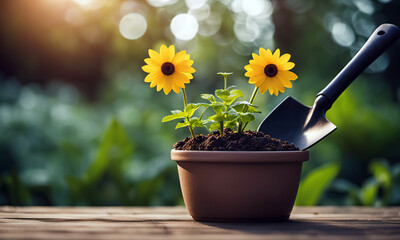 Fototapeta premium Planting flowers in a pot on a wooden table in the garden