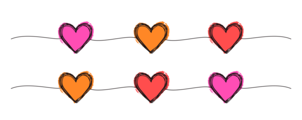 Banner with tangled grungy heart scribbles hand drawn with thin line and red ink hearts, divider shape. Png clipart isolated on transparent background
