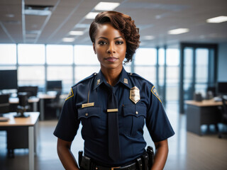 Portrait of a black american female police officer standing in office. photography