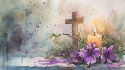 Artistic watercolor painting of an Ash Wednesday scene, featuring a candle, ash cross, and purple flowers, tranquil and spiritual atmospher
