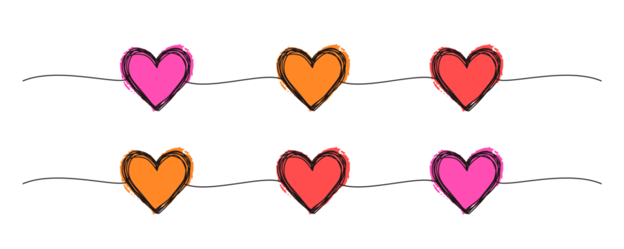 Banner with tangled grungy heart scribbles hand drawn with thin line and red ink hearts, divider shape. Png clipart isolated on transparent background