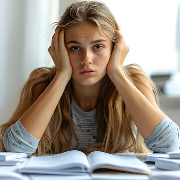 Stressed student studying for exams isolated on white background, minimalism, png
