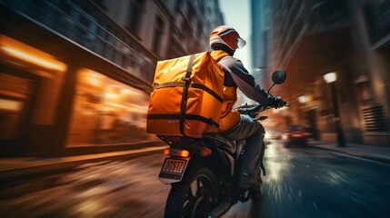 Delivery Courier in Action on Urban Streets. Generative ai
