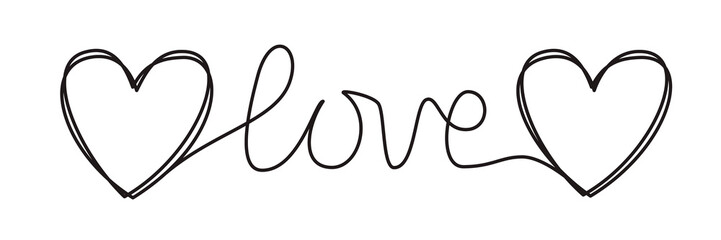 Doodle heart and word LOVE hand written with thin line, divider shape scribble style. Png clipart...