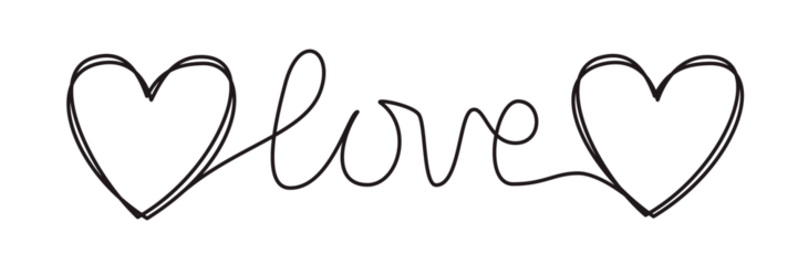Doodle heart and word LOVE hand written with thin line, divider shape scribble style. Png clipart isolated on transparent background